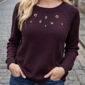 LOFT Plum Sweater with Jeweled Embellishments